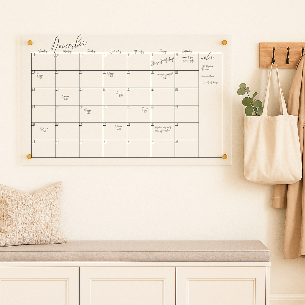Large Acrylic Wall Calendar | 35x22 Clear Dry Erase Board with Floating or Flush Hardware | Customizable Family Command Center Planner