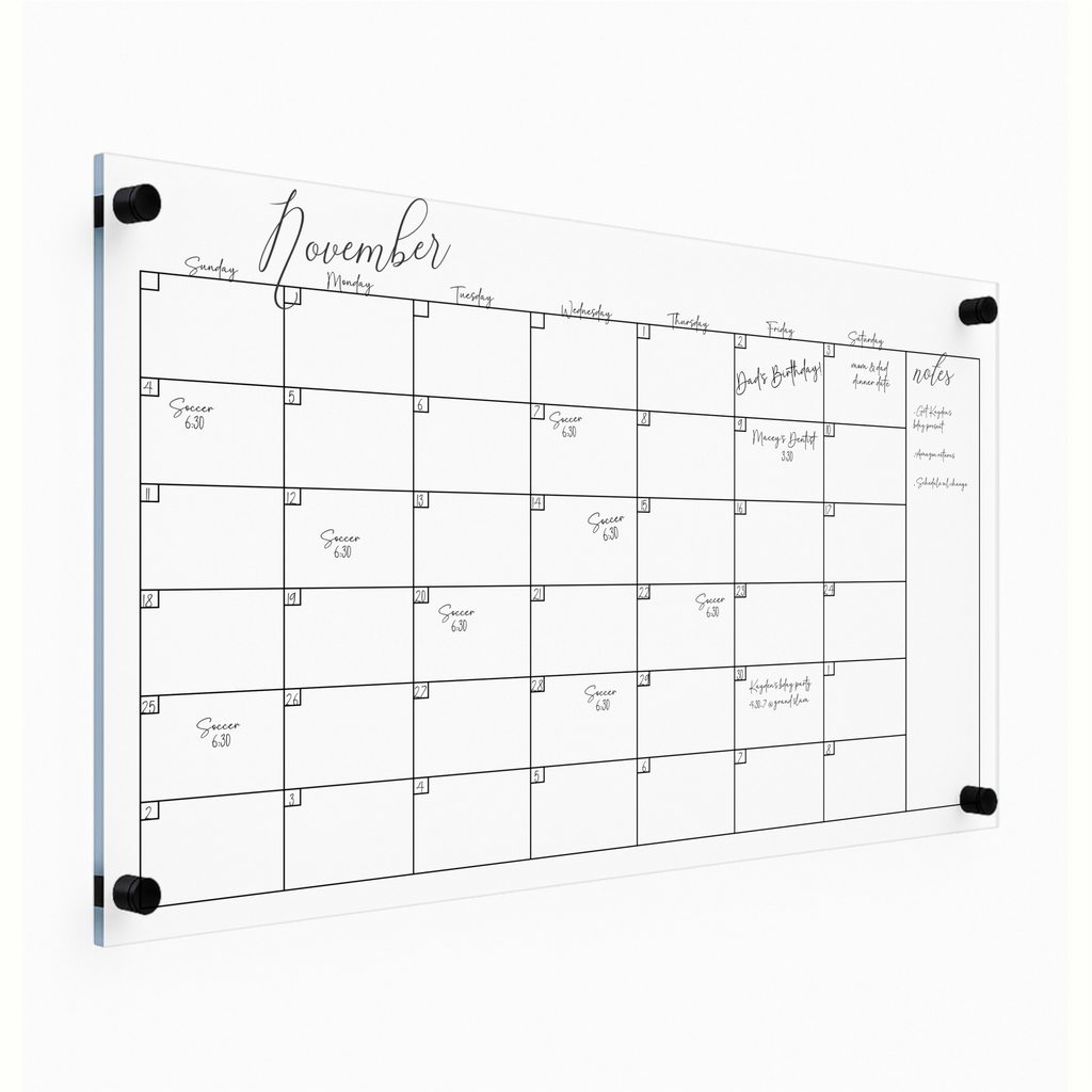 Large Acrylic Wall Calendar | 35x22 Clear Dry Erase Board with Floating or Flush Hardware | Customizable Family Command Center Planner