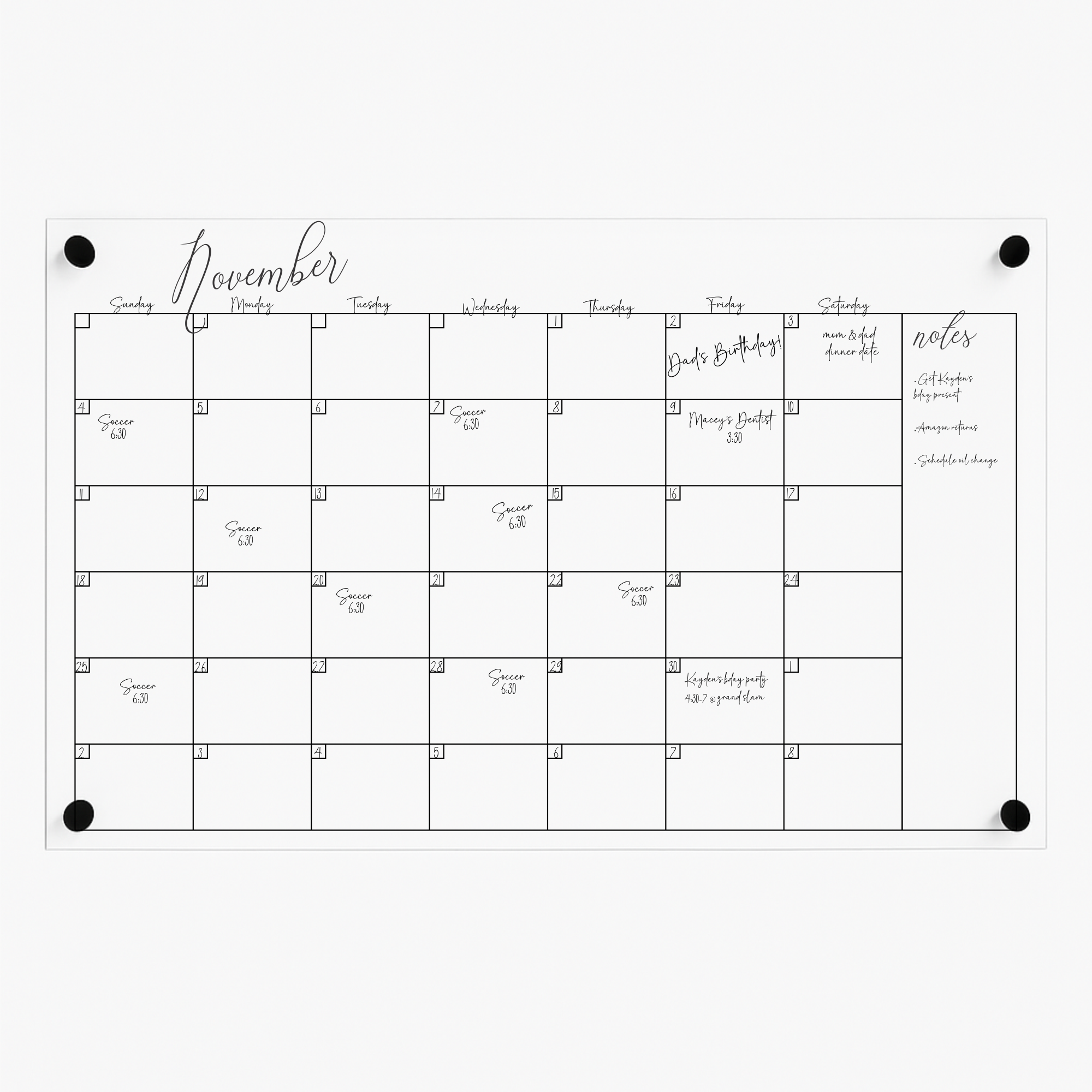 Large Acrylic Wall Calendar | 35x22 Clear Dry Erase Board with Floating or Flush Hardware | Customizable Family Command Center Planner