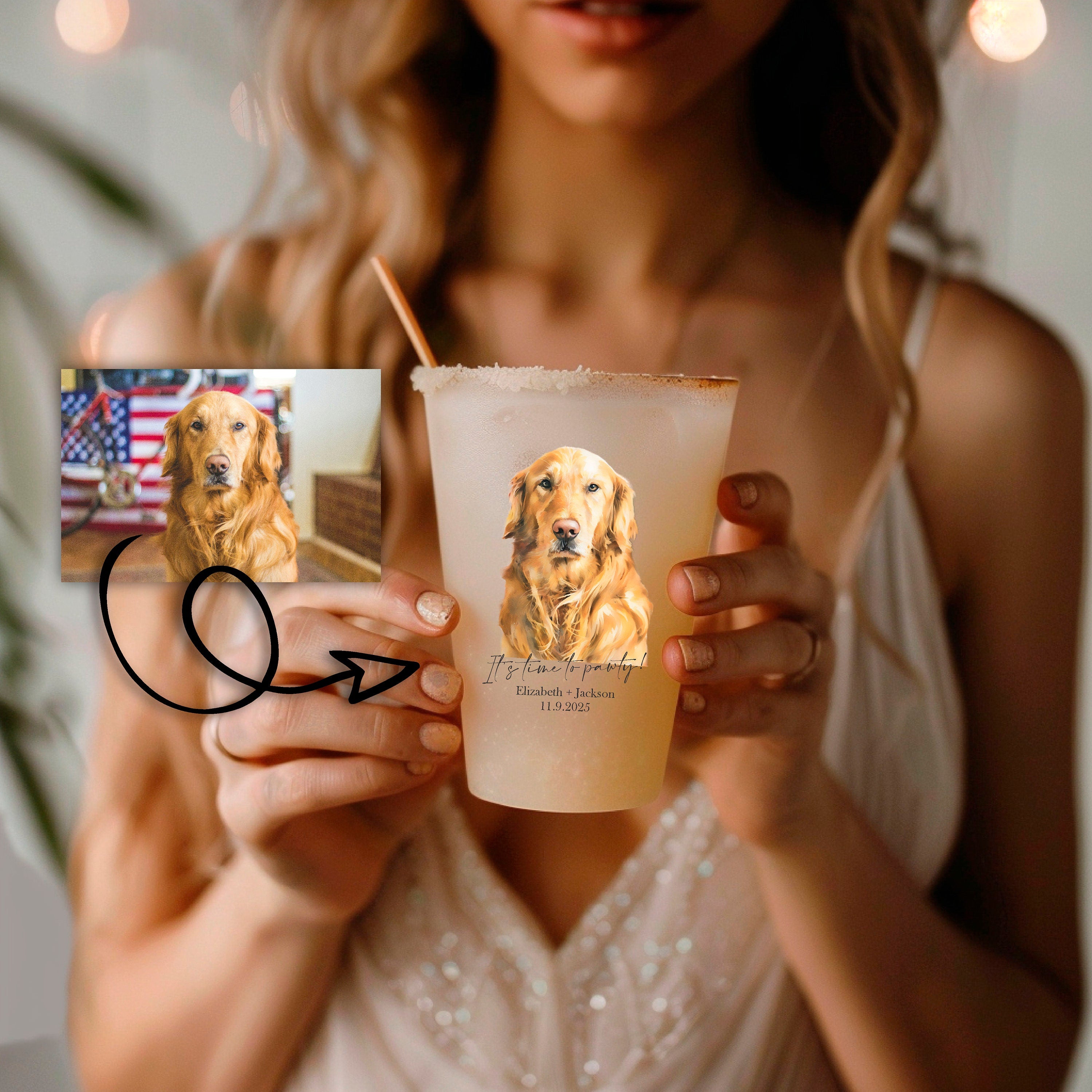 Custom Pet Portrait Dog Wedding Frosted Cups || foil print floral wedding bar engagement party bridal shower bachelorette party decorations