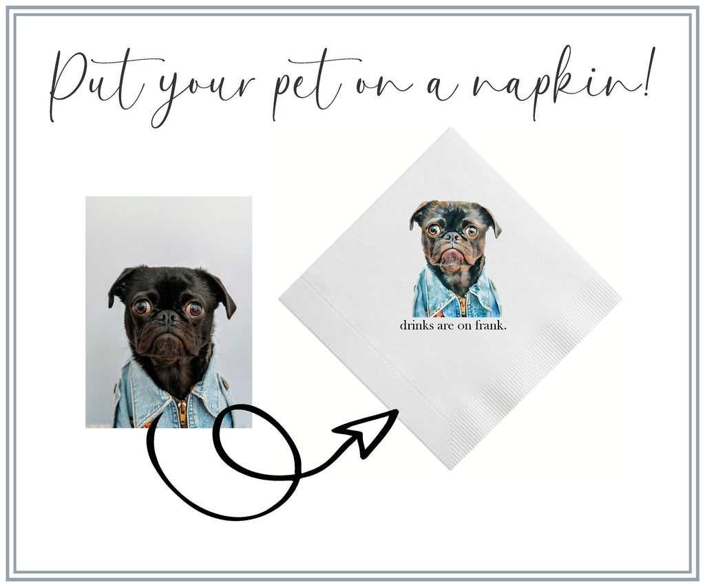 Full Color Print Custom Pet Portrait Dog Wedding Cocktail Napkins || pet portrait bar engagement party bridal shower bachelorette party
