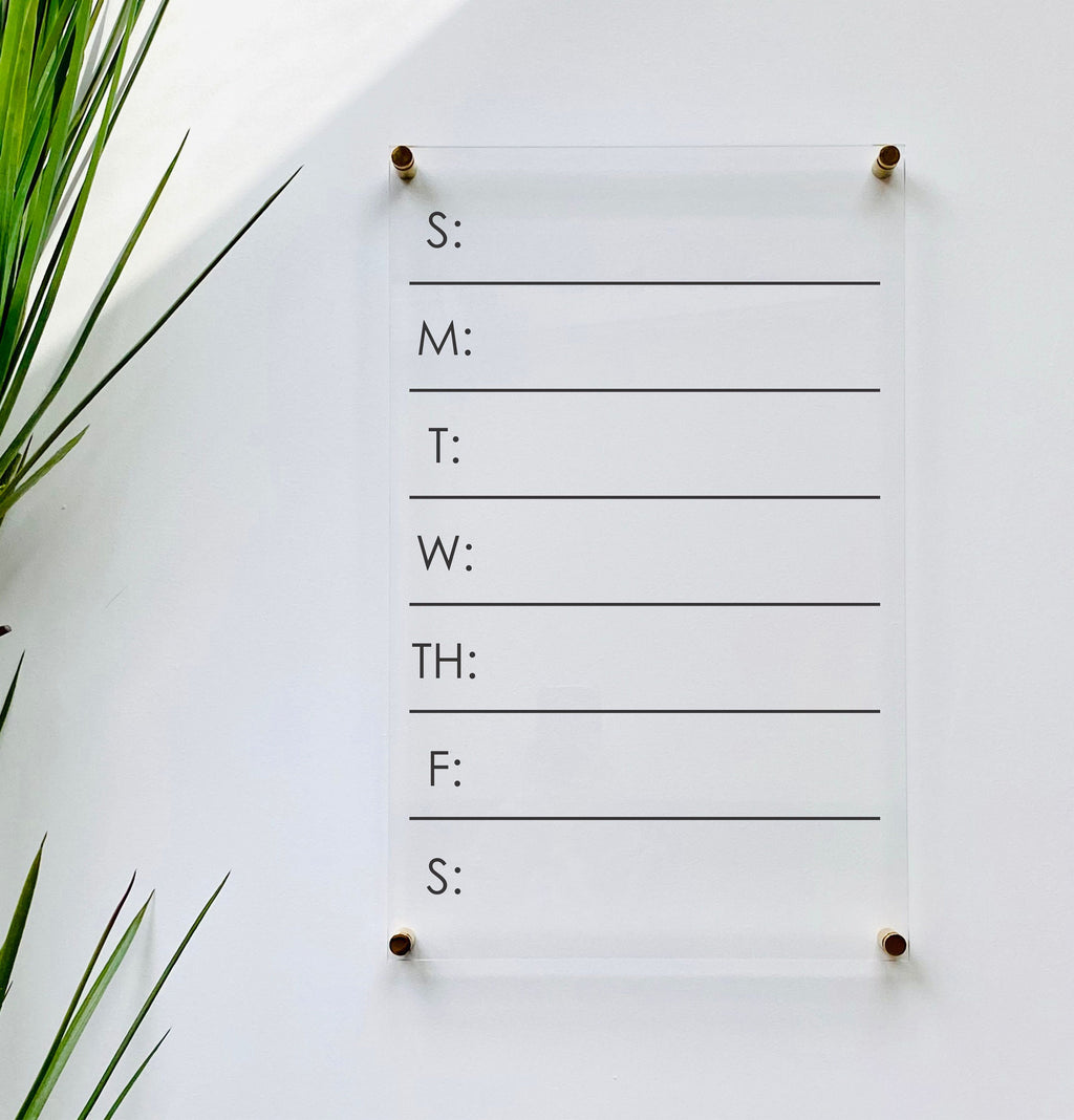 Acrylic Weekly Calendar For Wall || Custom Dry Erase Family Planner Large Huge Clear or White Calendar Personalized Whiteboard Office Decor