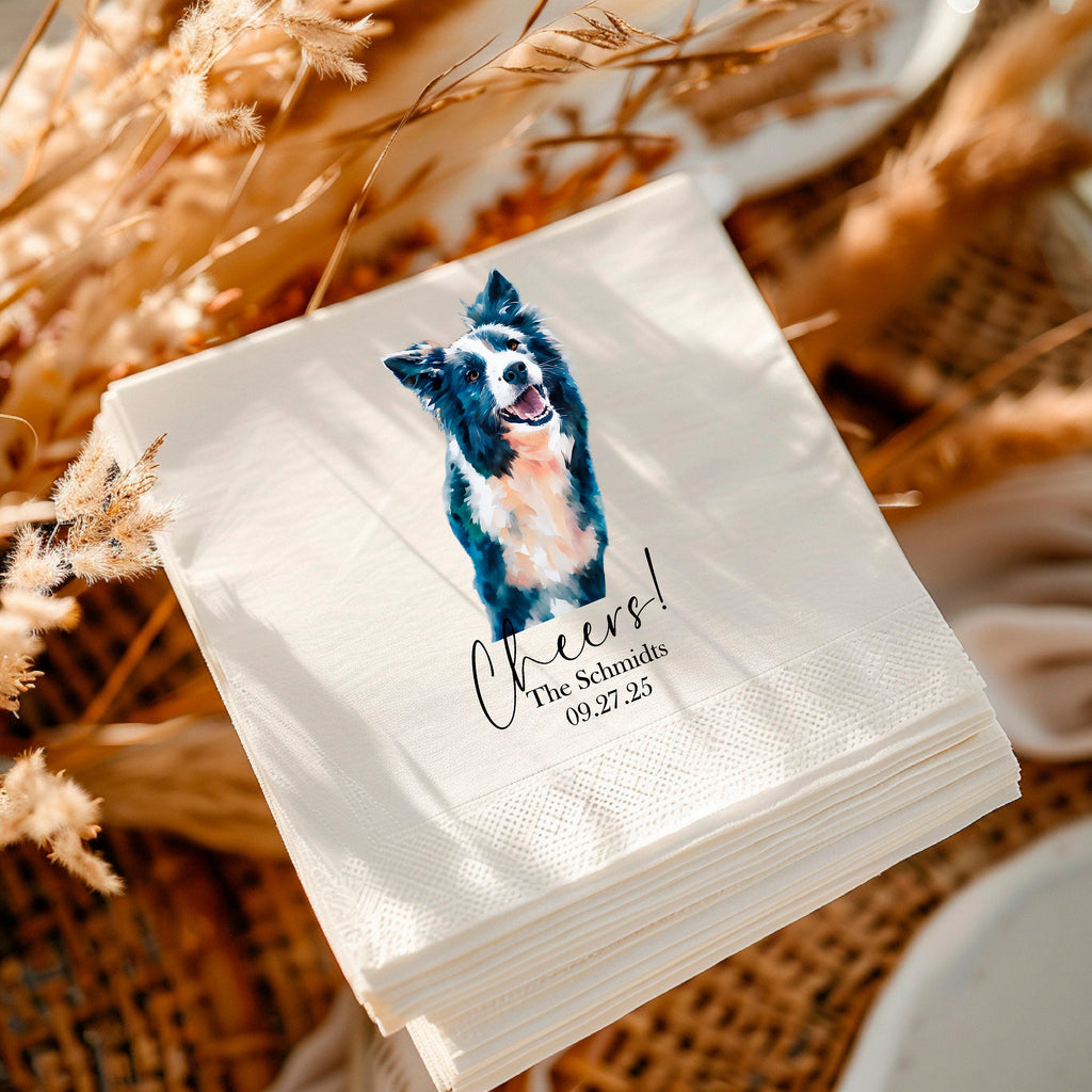 Full Color Print Custom Pet Portrait Dog Wedding Cocktail Napkins || pet portrait bar engagement party bridal shower bachelorette party