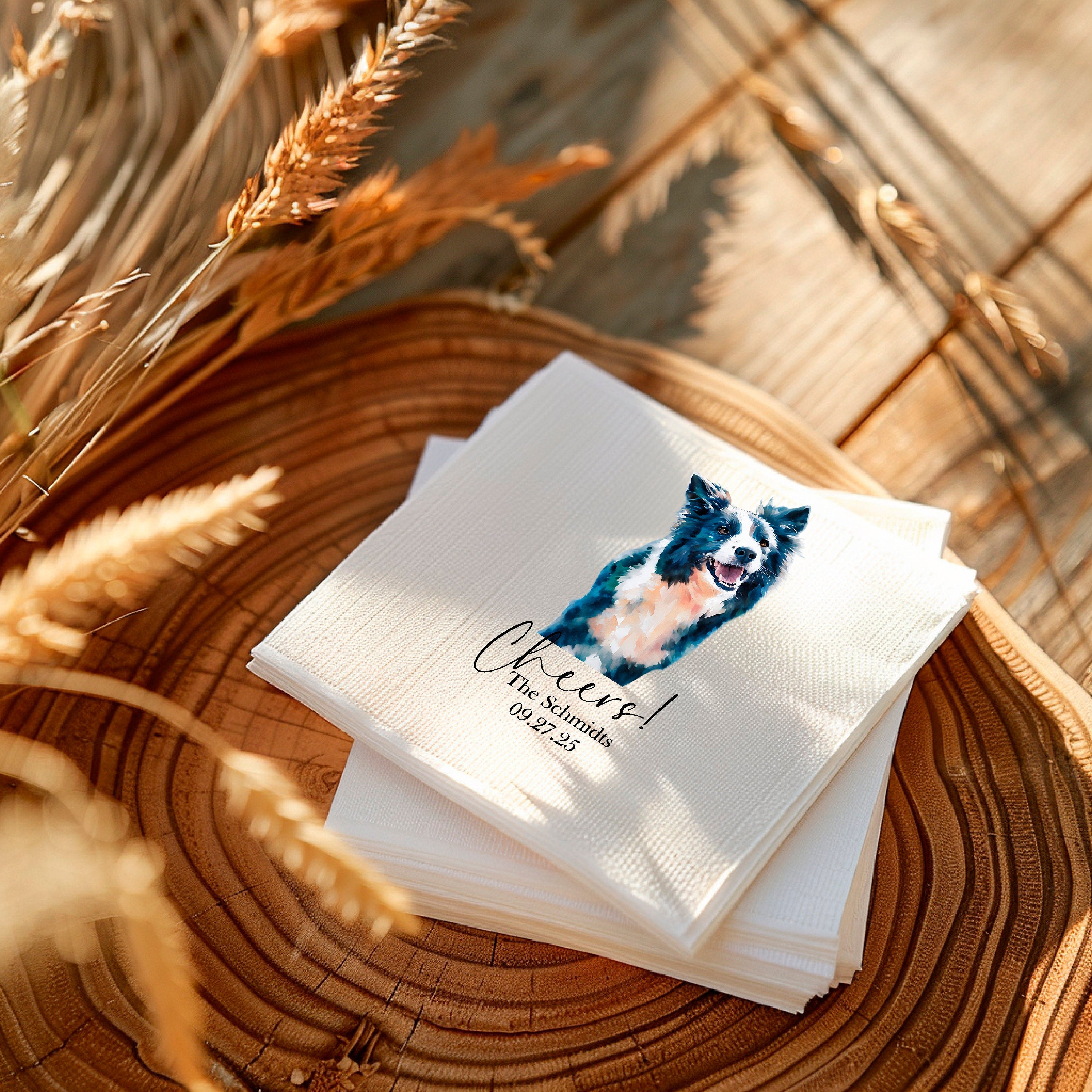 Full Color Print Custom Pet Portrait Dog Wedding Cocktail Napkins || pet portrait bar engagement party bridal shower bachelorette party