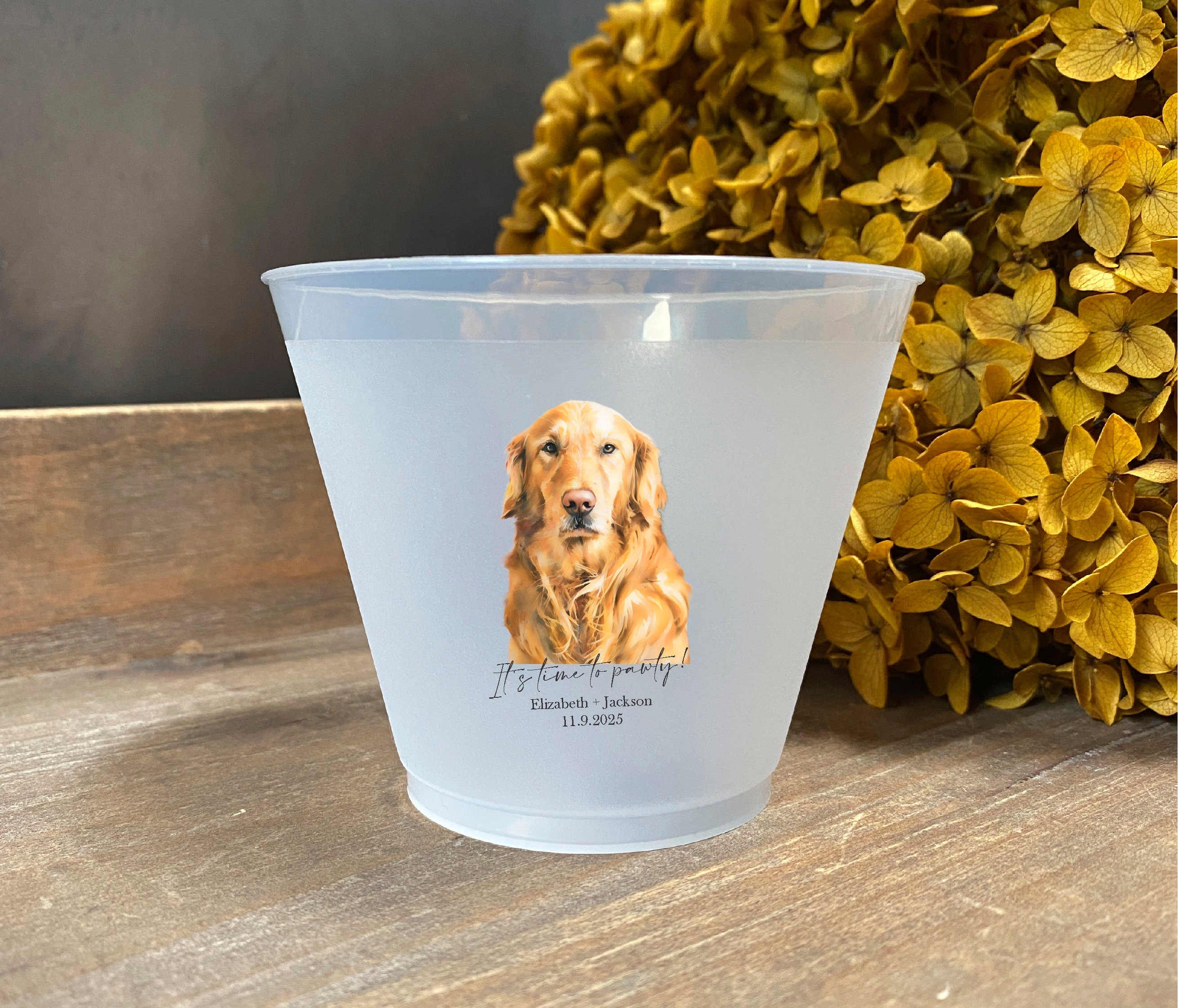 Custom Pet Portrait Dog Wedding Frosted Cups || foil print floral wedding bar engagement party bridal shower bachelorette party decorations