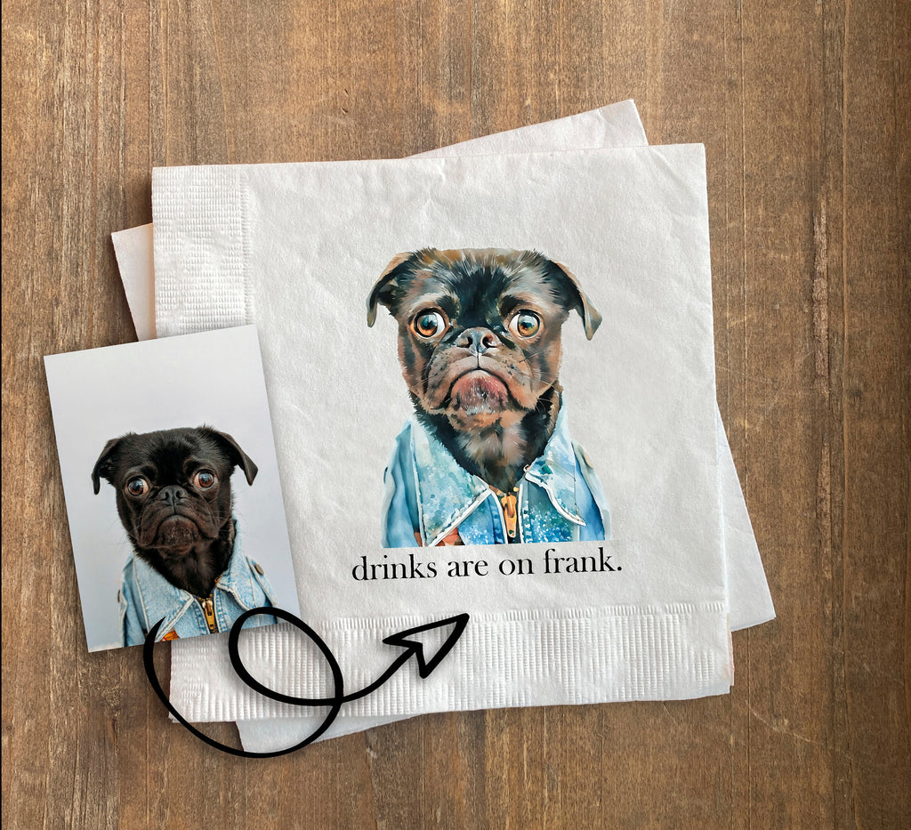 Full Color Print Custom Pet Portrait Dog Wedding Cocktail Napkins || pet portrait bar engagement party bridal shower bachelorette party