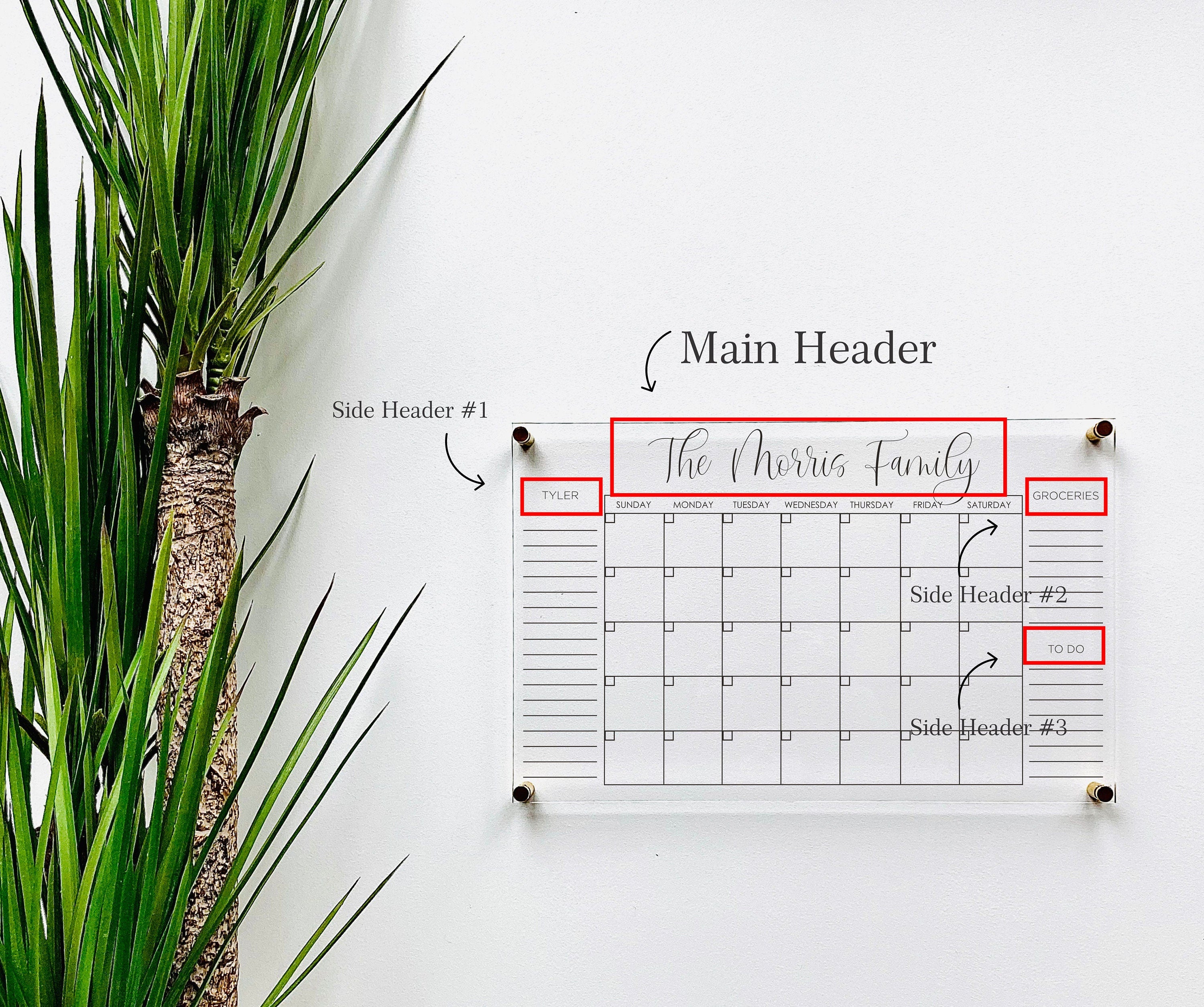 Acrylic Monthly Calendar For Wall || Custom Dry Erase Family Planner Large Huge Clear or White Calendar Personalized Whiteboard Office Decor
