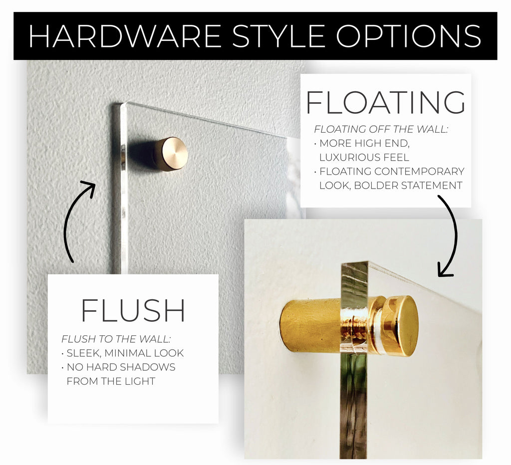 The image is a collage of three images, each highlighting different hardware style options for a wall. The first image shows a floating wall feature, the second image displays a flush to the wall, and the third image features a flush to the wall with a minimal look and no hard shadows from the light.