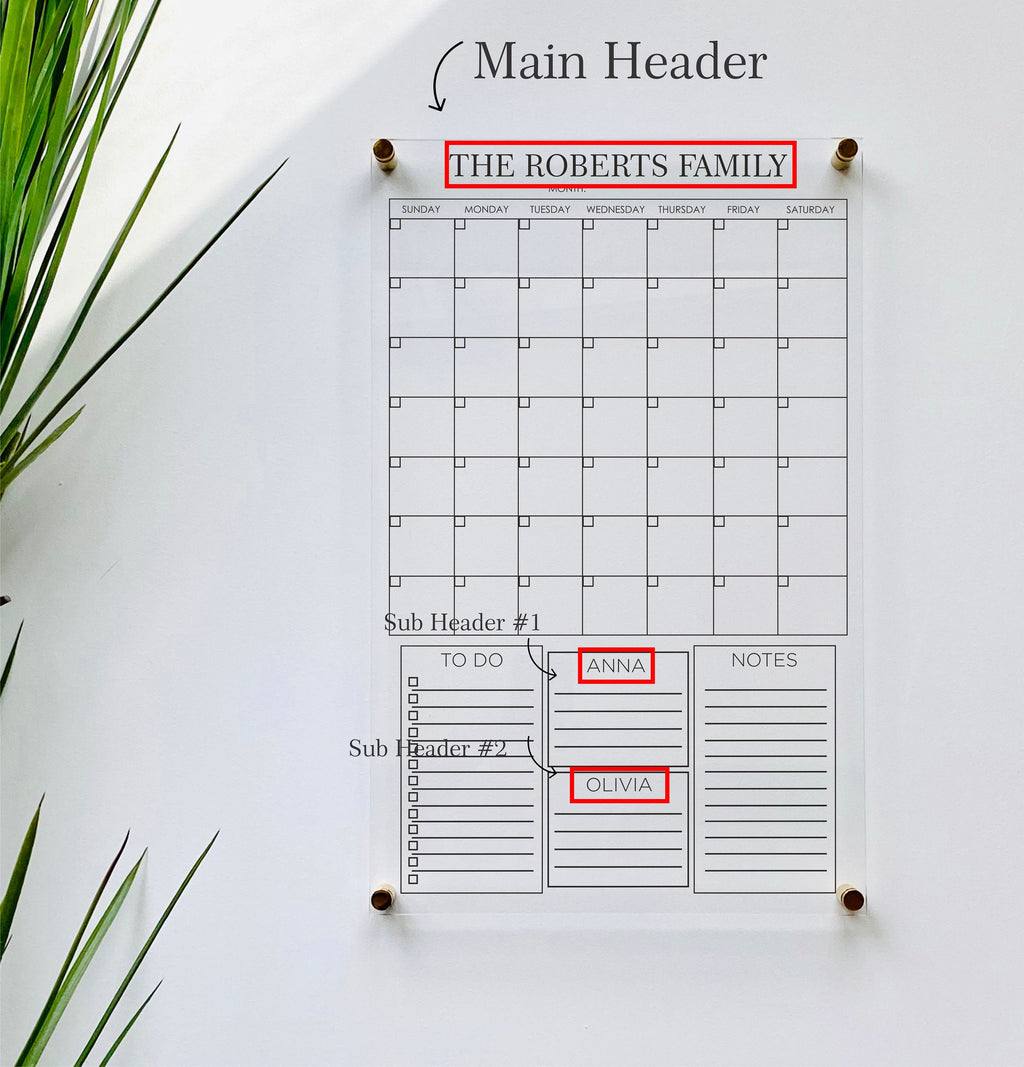 Acrylic Monthly Calendar For Wall || Custom Dry Erase Family Planner Large Huge Clear or White Calendar Personalized Whiteboard Office Decor