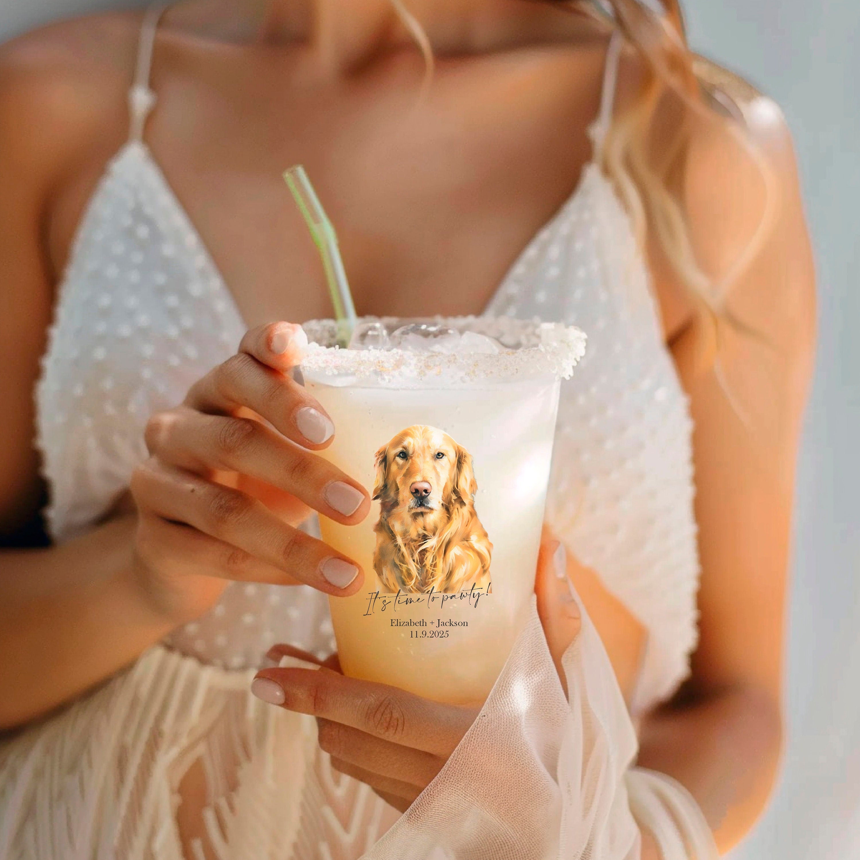 Custom Pet Portrait Dog Wedding Frosted Cups || foil print floral wedding bar engagement party bridal shower bachelorette party decorations