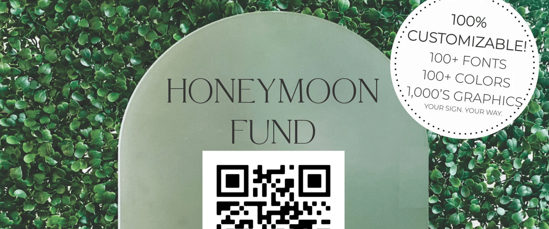 A gravestone-like wedding sign featuring a QR code for the honeymoon fund.