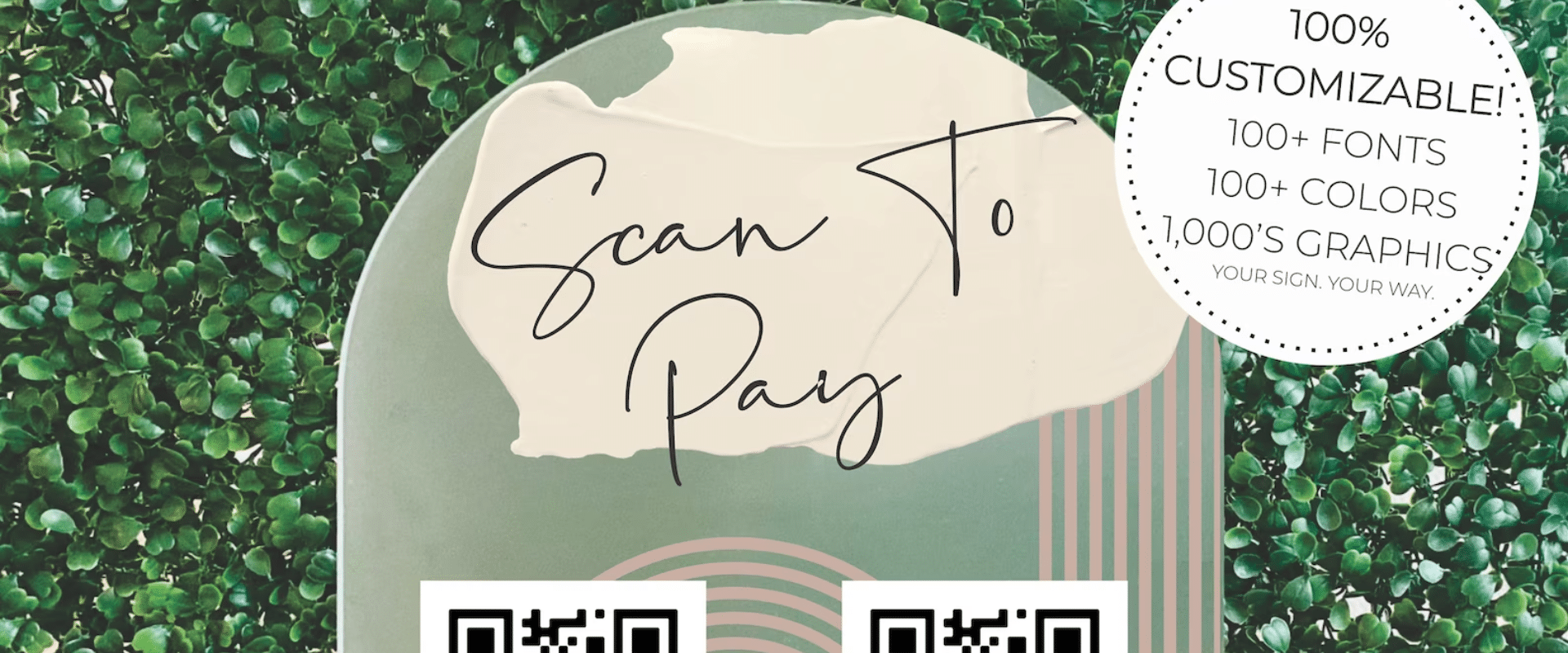 A QR code sticker with the words "see to pay" for table sign.