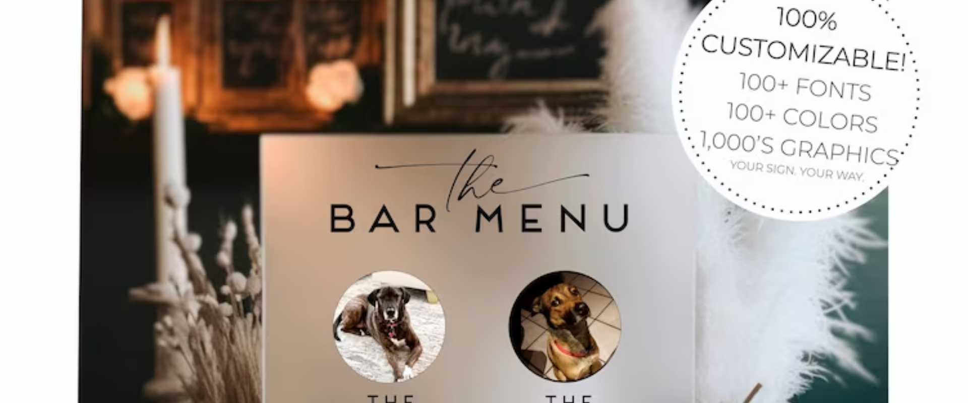 The Wedding Bar menu featuring signature cocktails with a photo of a dog and a candle.