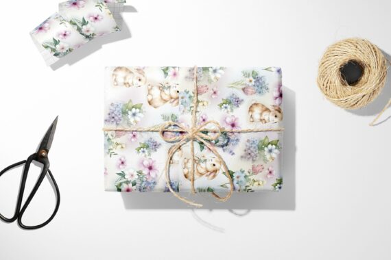 A Bunny and Floral Wrapping Paper with a floral pattern and scissors.