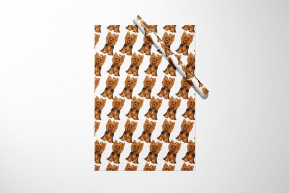 A Christmas gift wrap with Yorkshire Terrier Wrapping Paper on it.