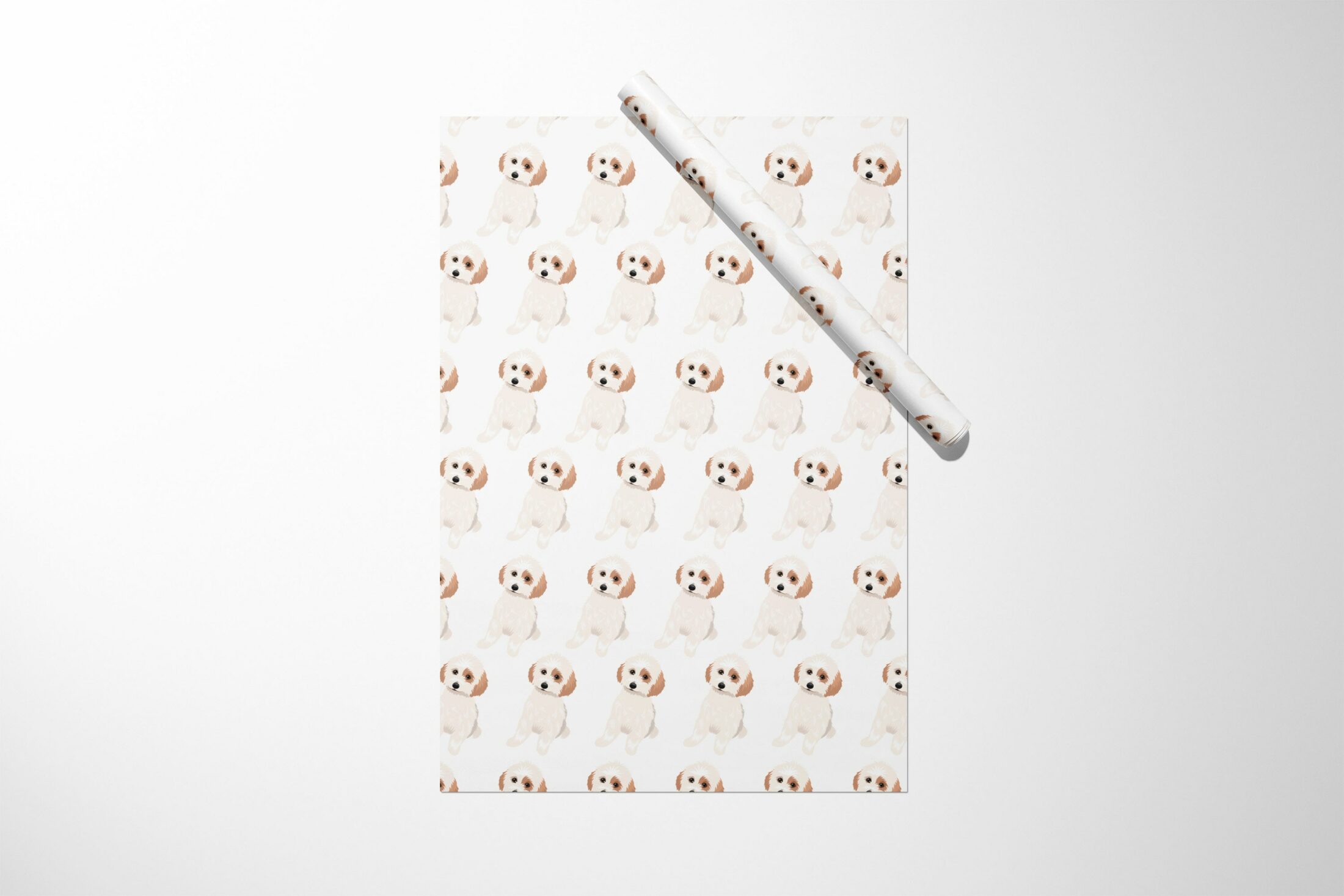 A Christmas wrapping paper with a Cavachon Dog Wrapping Paper on it.