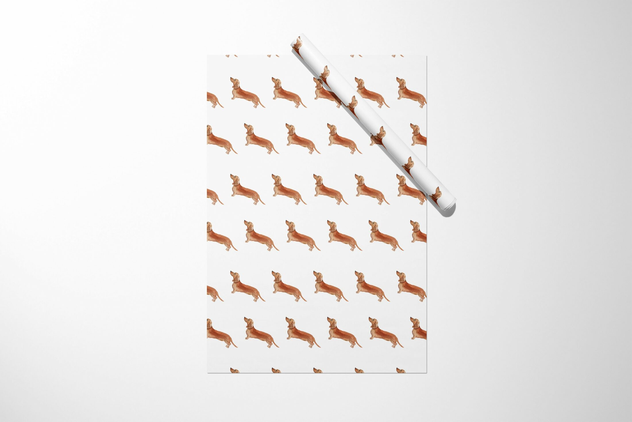 A white Dachshund Wrapping Paper with a Dachshund pattern on it.