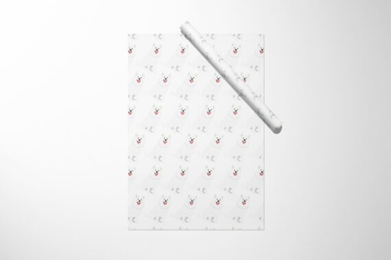 A Samoyed dog wrapping paper with a red deer on it.