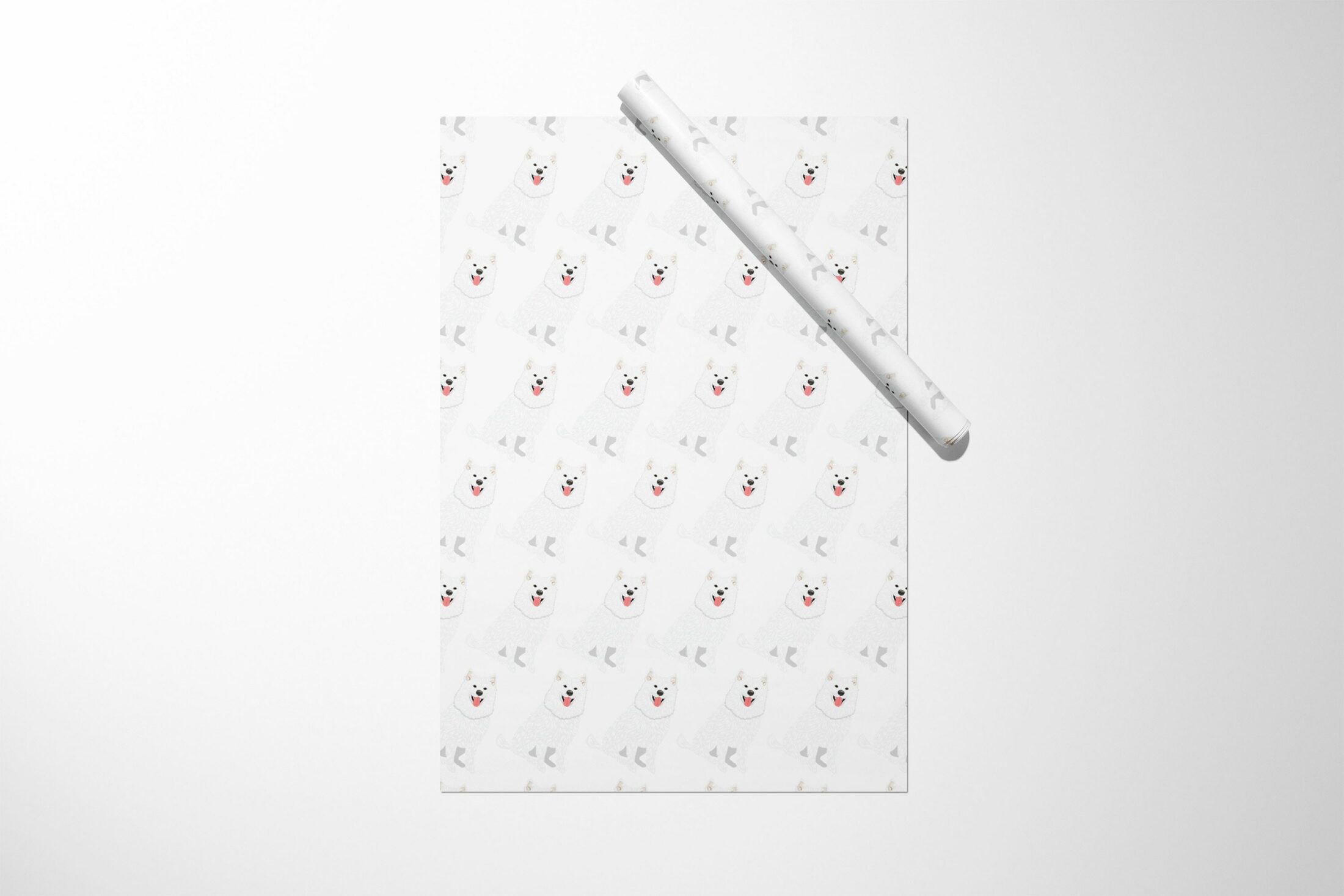 A Samoyed dog wrapping paper with a red deer on it.