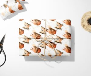 Christmas Shetland Sheepdog Wrapping Paper with foxes and scissors.