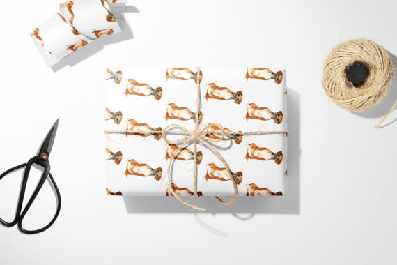 A wrapped present with a Boxer Dog Wrapping Paper design.