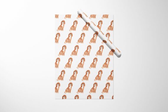 A gift wrapping paper with a Cavapoo dog on it.