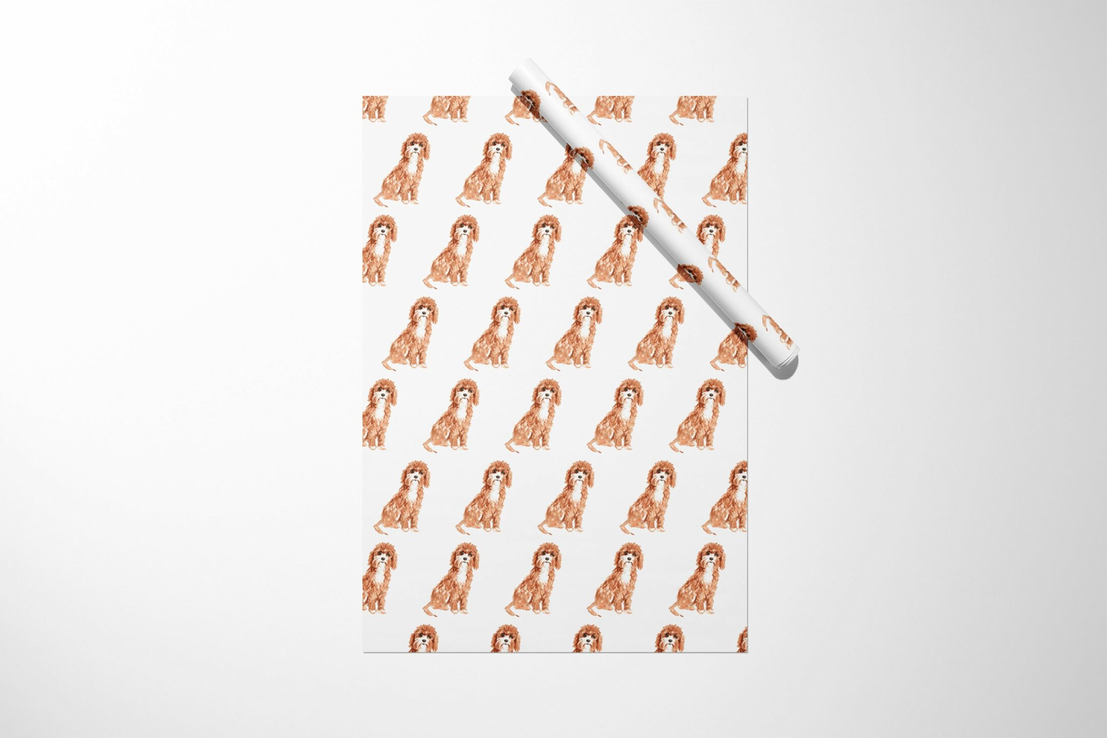 A gift wrapping paper with a Cavapoo dog on it.