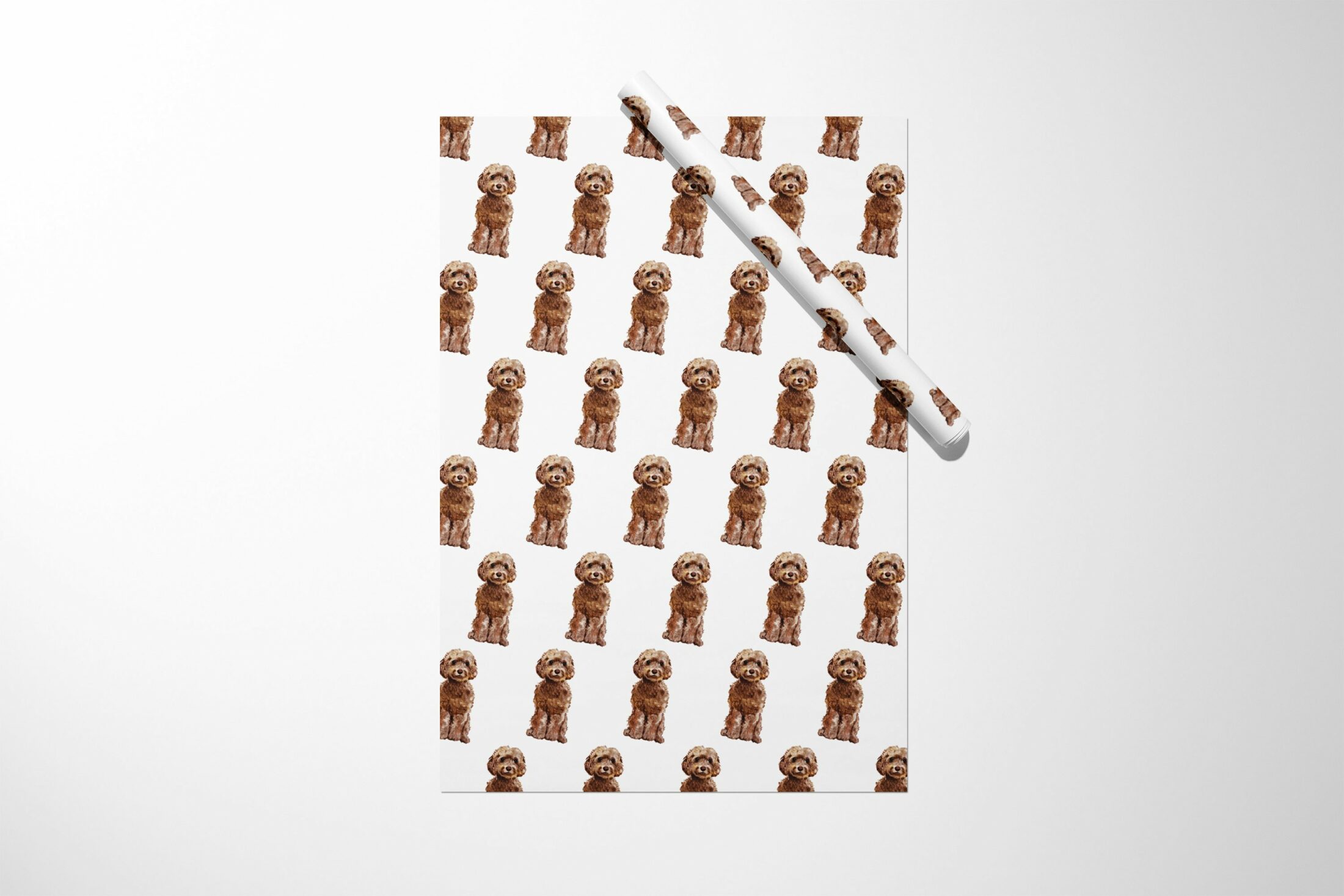 A Christmas gift wrap with Brown Labradoodle Wrapping Paper on it.