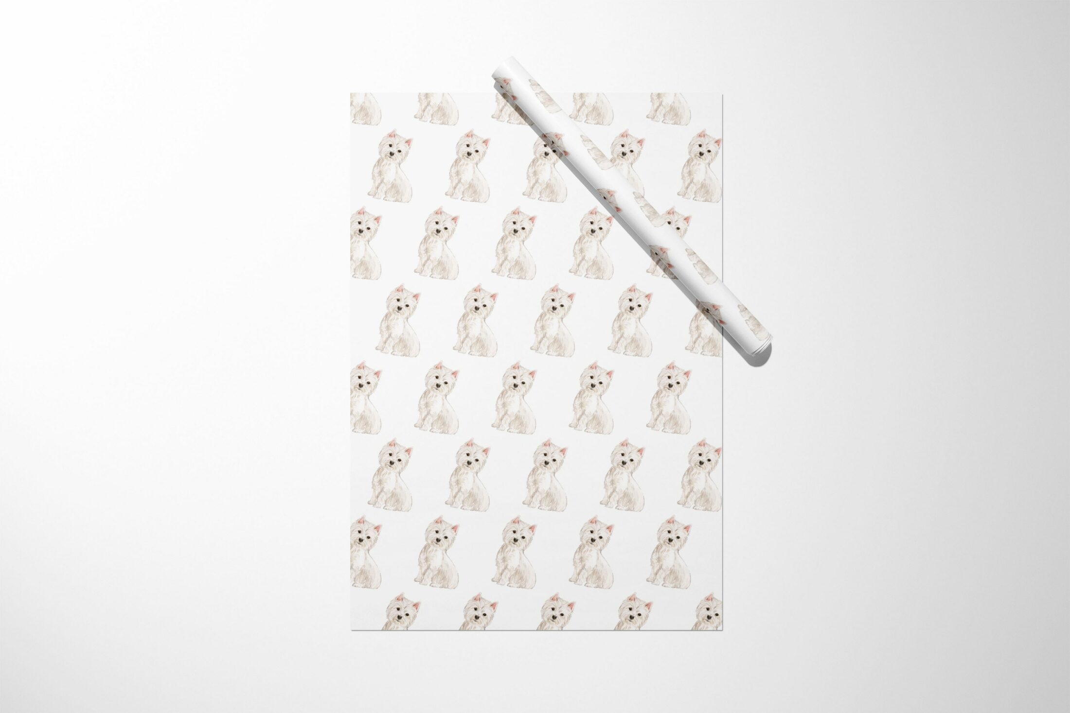 A white West Highland Terrier Wrapping Paper with a Christmas theme.