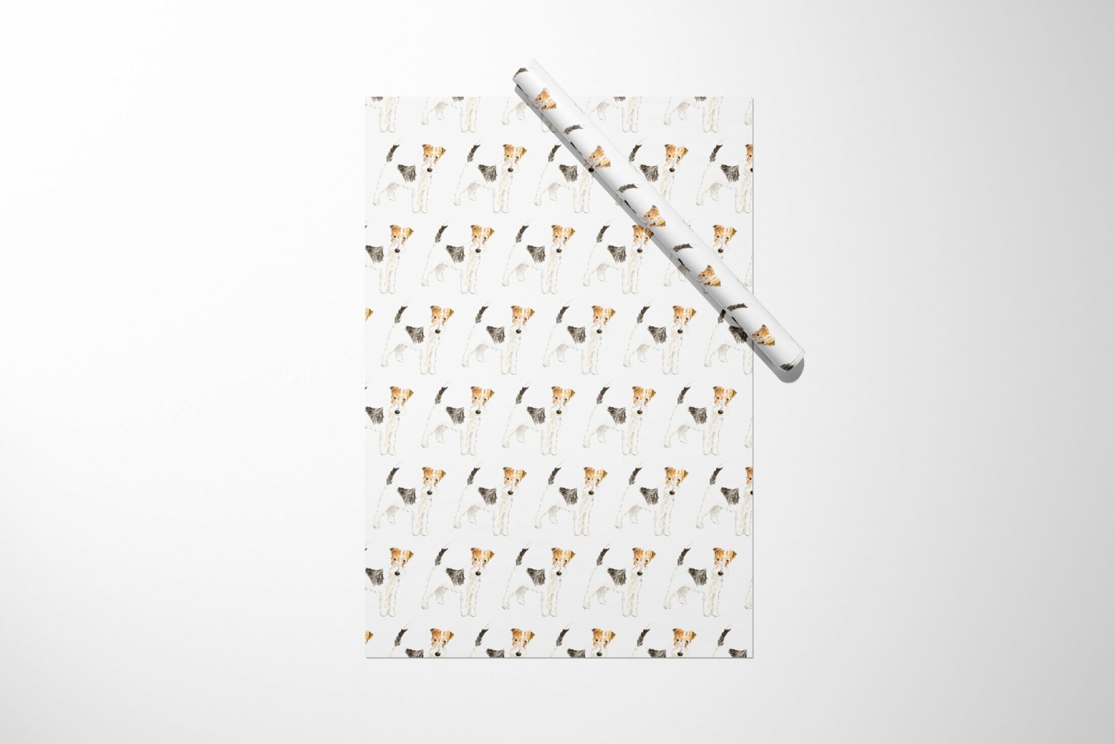 A Wire Hair Fox Terrier wrapping paper with a cat on it.