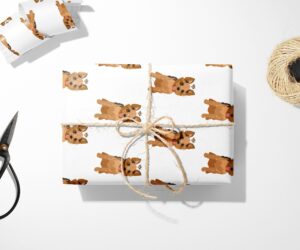 Yorkshire Terrier wrapping paper with a brown teddy bear design.