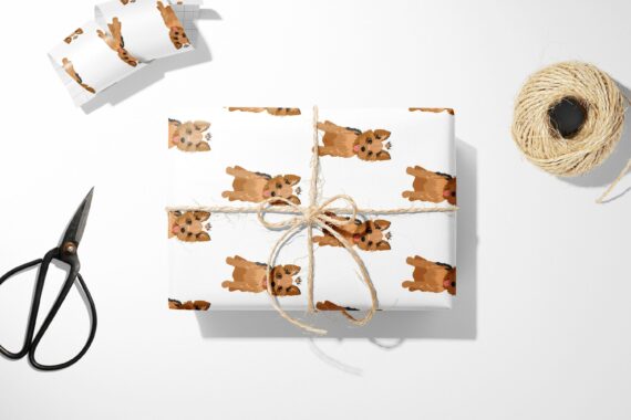 Yorkshire Terrier wrapping paper with a brown teddy bear design.