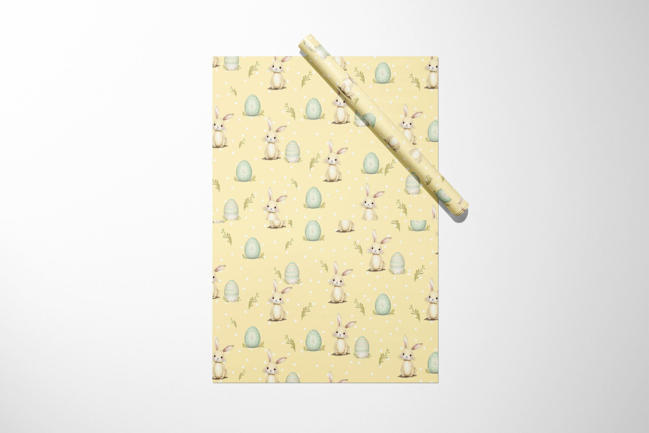 A yellow Bunny and Egg Wrapping Paper with an Easter bunny on it.