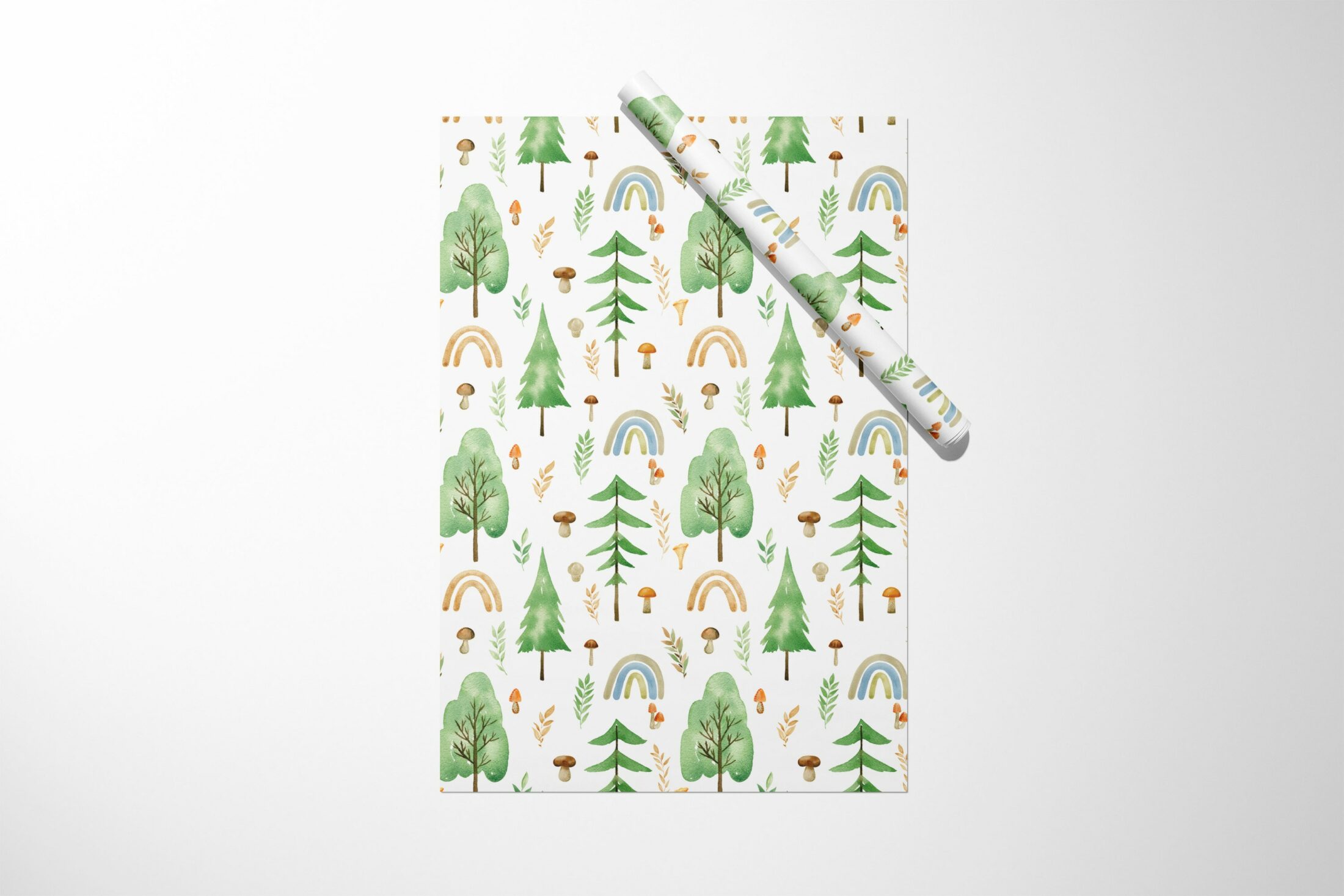 A Boho Forest Rainbow Wrapping Paper with trees and rainbows on it.