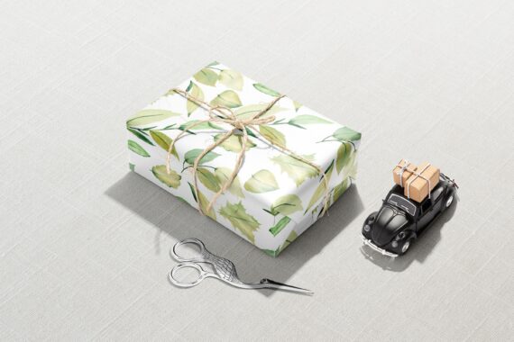 A gift wrapped in Christmas Wrapping Paper with scissors and a car next to it.