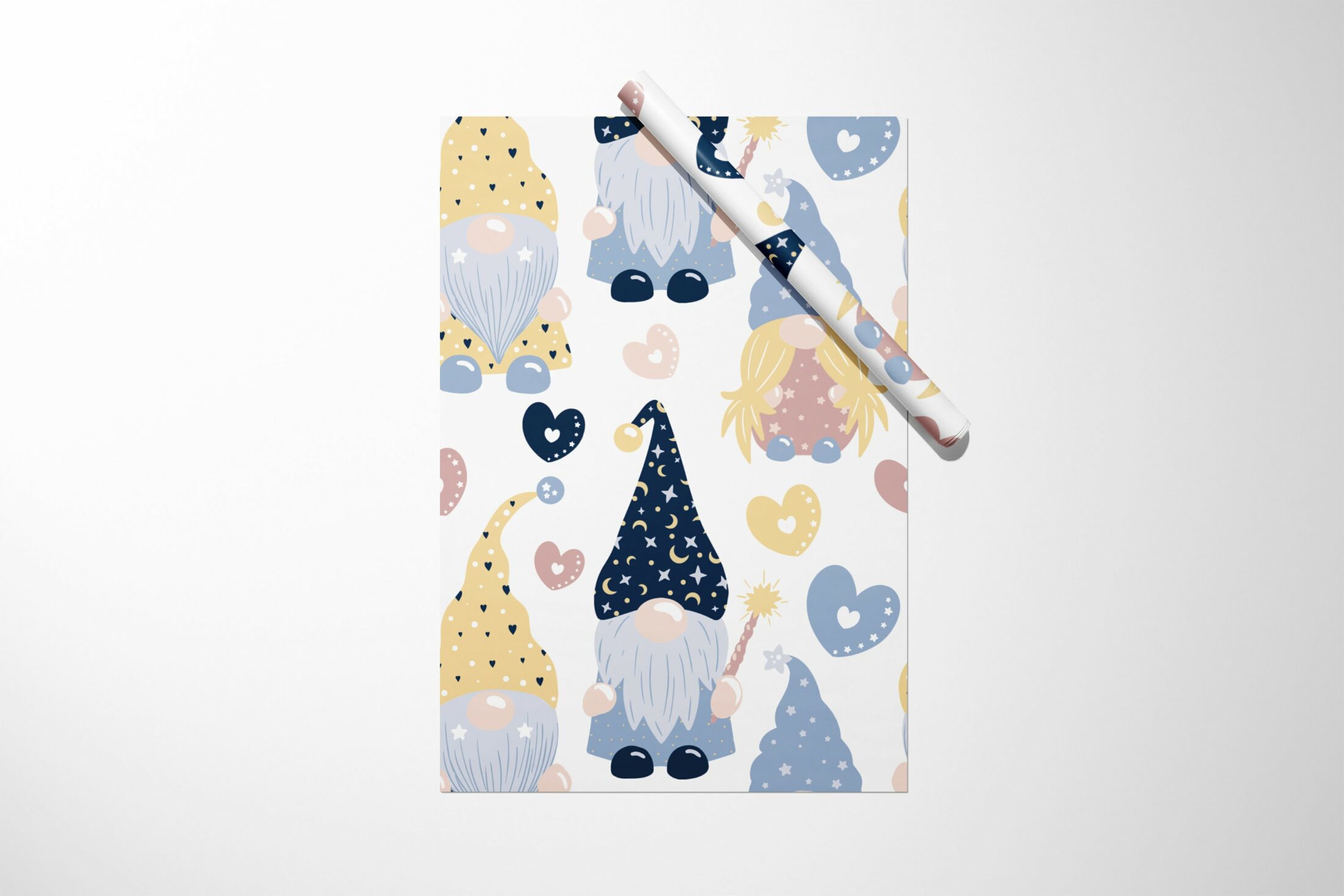 A Magic Gnome Wrapping Paper with gnomes and hearts on it, perfect for a Christmas gift.