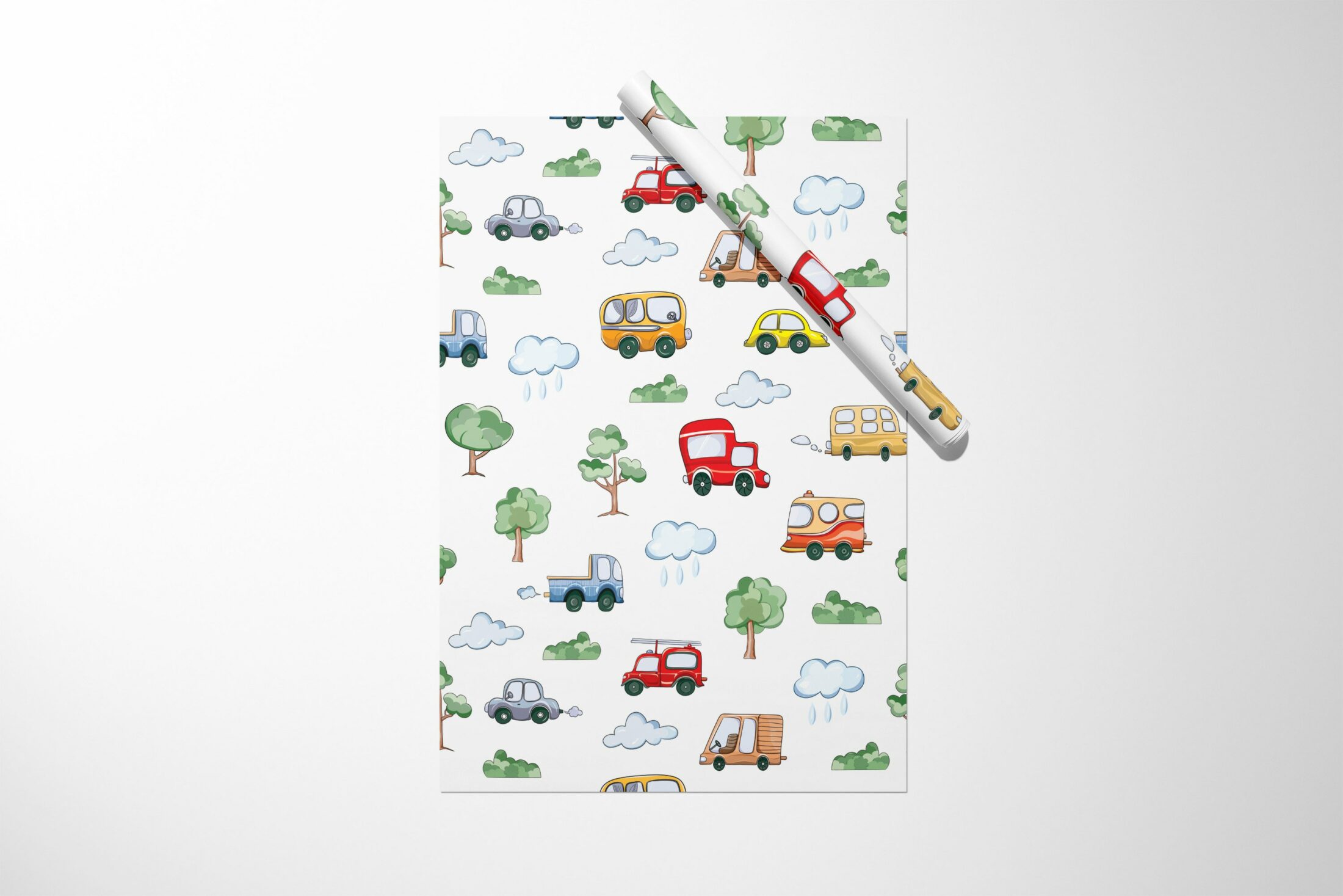 A white napkin with a pattern of Cars, Clouds, & Trees Wrapping Paper || Christmas Wrapping Paper Birthday Bridal Baby Shower Wedding Gift Unique For Her Him Girl 03-016-723.