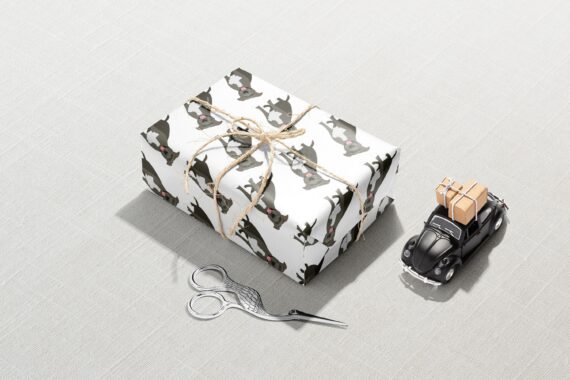 A gift box with Gray Pitbull Wrapping Paper next to it.