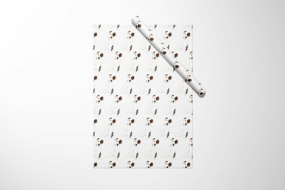 A white Christmas wrapping paper with a brown Jack Russell Pitbull on it.