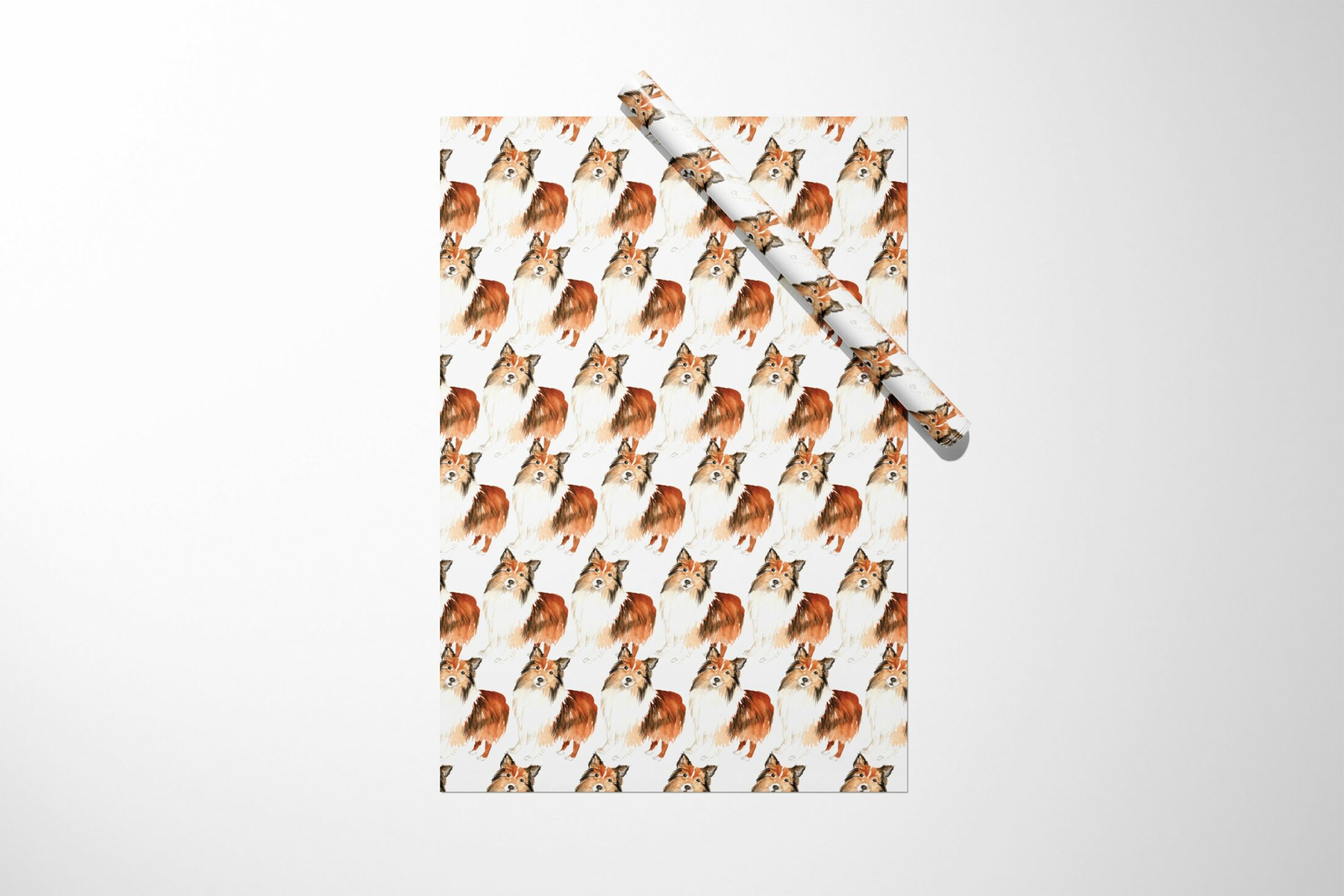 Festive Shetland Sheepdog Wrapping Paper with foxes and Shetland Sheepdogs on it.