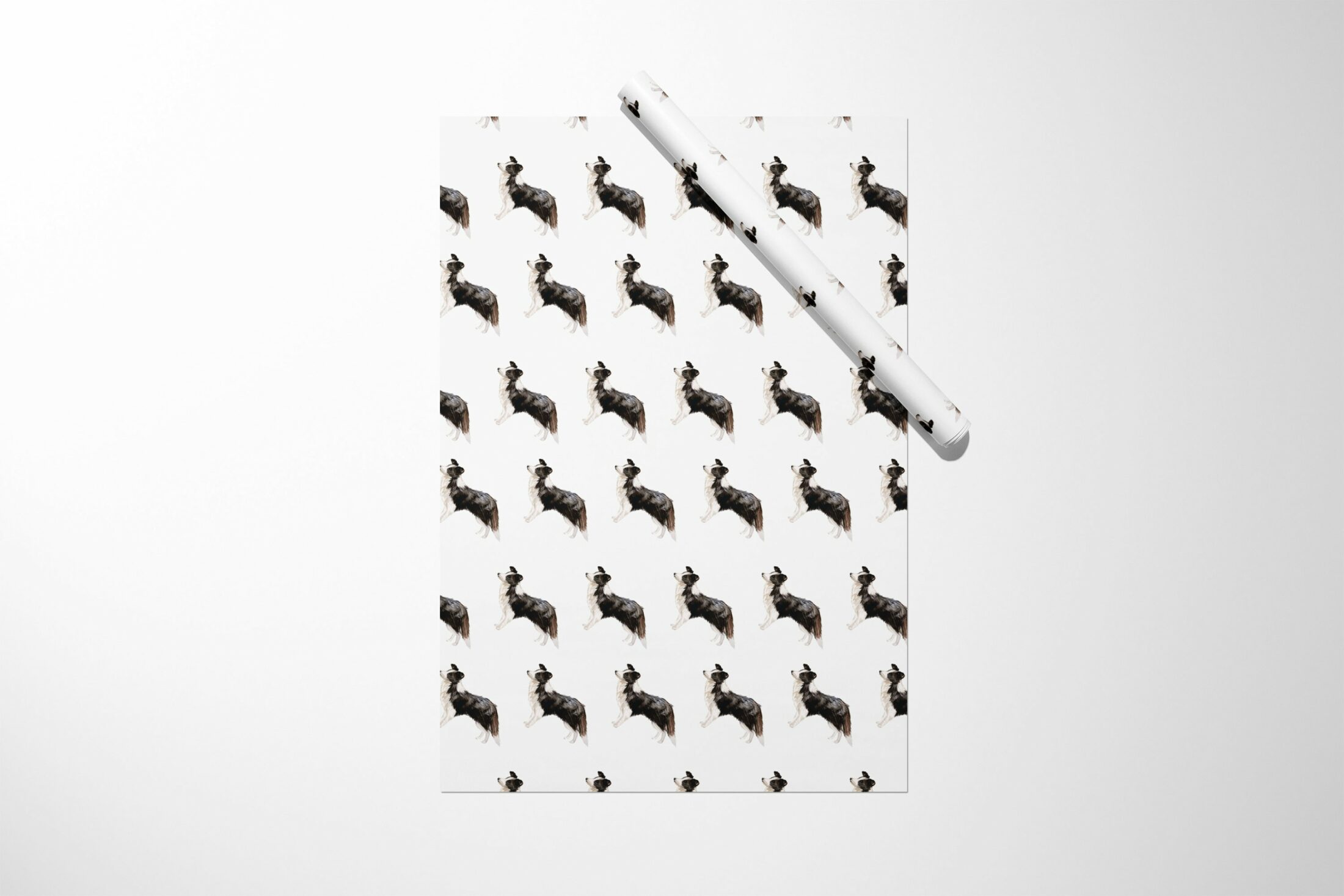 A white Border Collie Dog Wrapping Paper with a black and white pattern inspired by Border Collie Dog designs.
