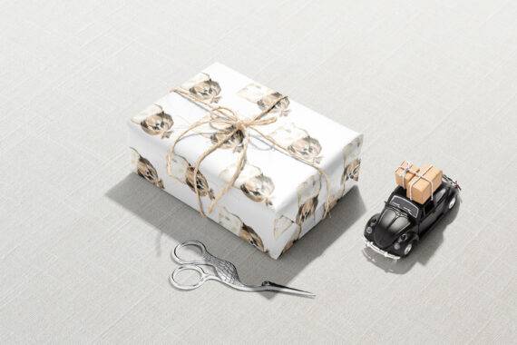 A gift box with a pug and Shih Tzu Dog Wrapping Paper on it, along with a pair of scissors.