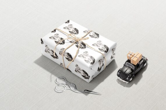 A Cocker Spaniel wrapping paper with a pair of scissors.
