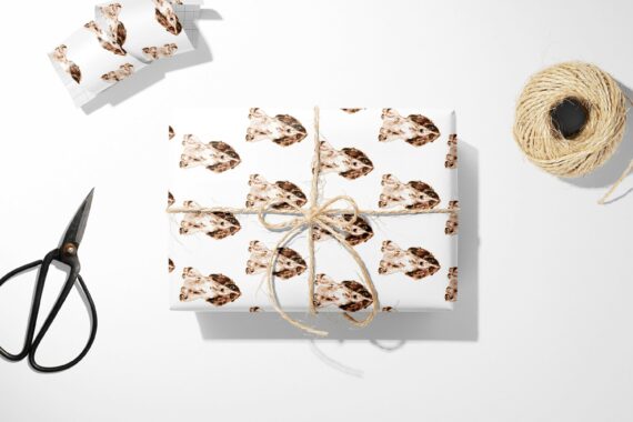 A Cocker Spaniel wrapping paper on a white surface.
