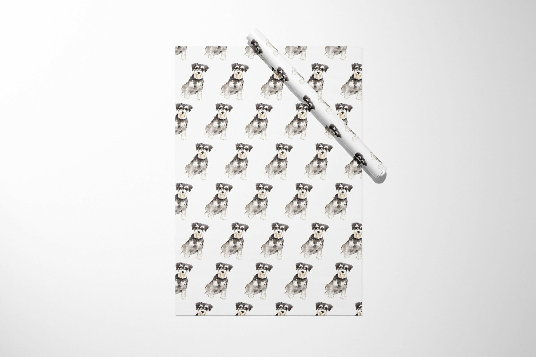 A Christmas gift wrap with Miniature Schnauzer Wrapping Paper on it.