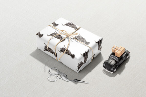 A gift wrapped with Black Labrador Retriever Wrapping Paper and a pair of scissors.