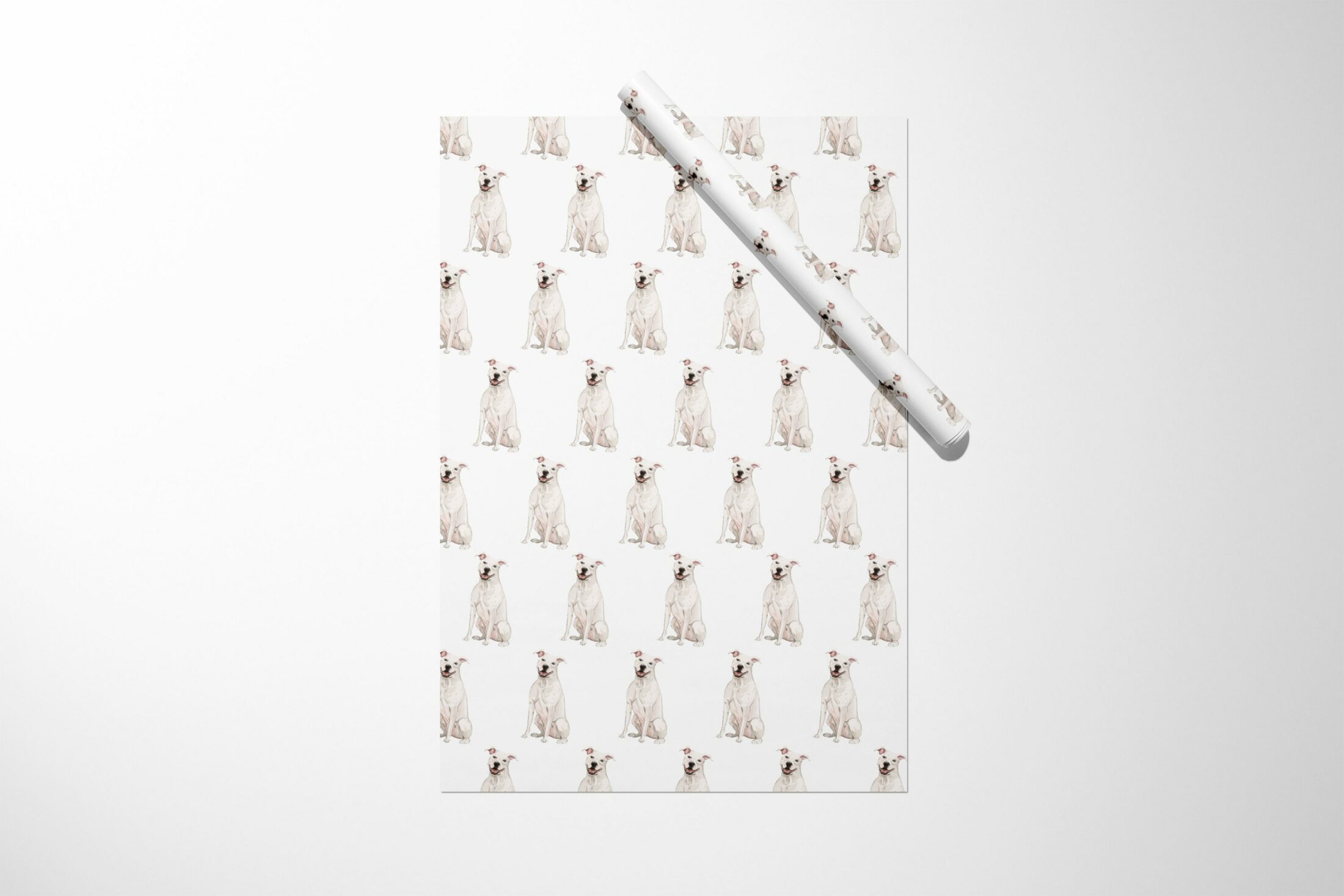 A Shaffordshire Terrier Wrapping Paper with a Shaffordshire Terrier on it.