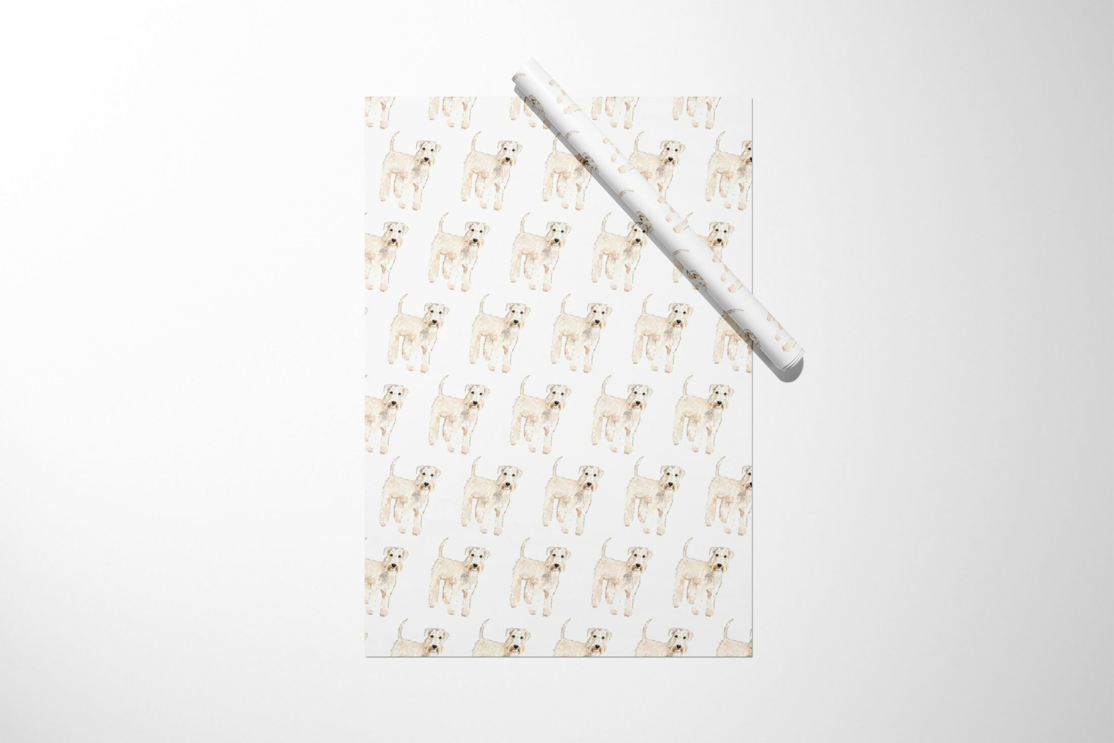 A white wrapping paper with a Wheaten Terrier Wrapping Paper on it.