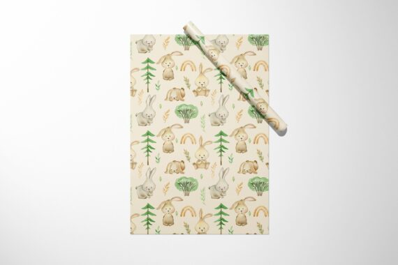Bunny and Forest Wrapping Paper featuring a tree and animals.