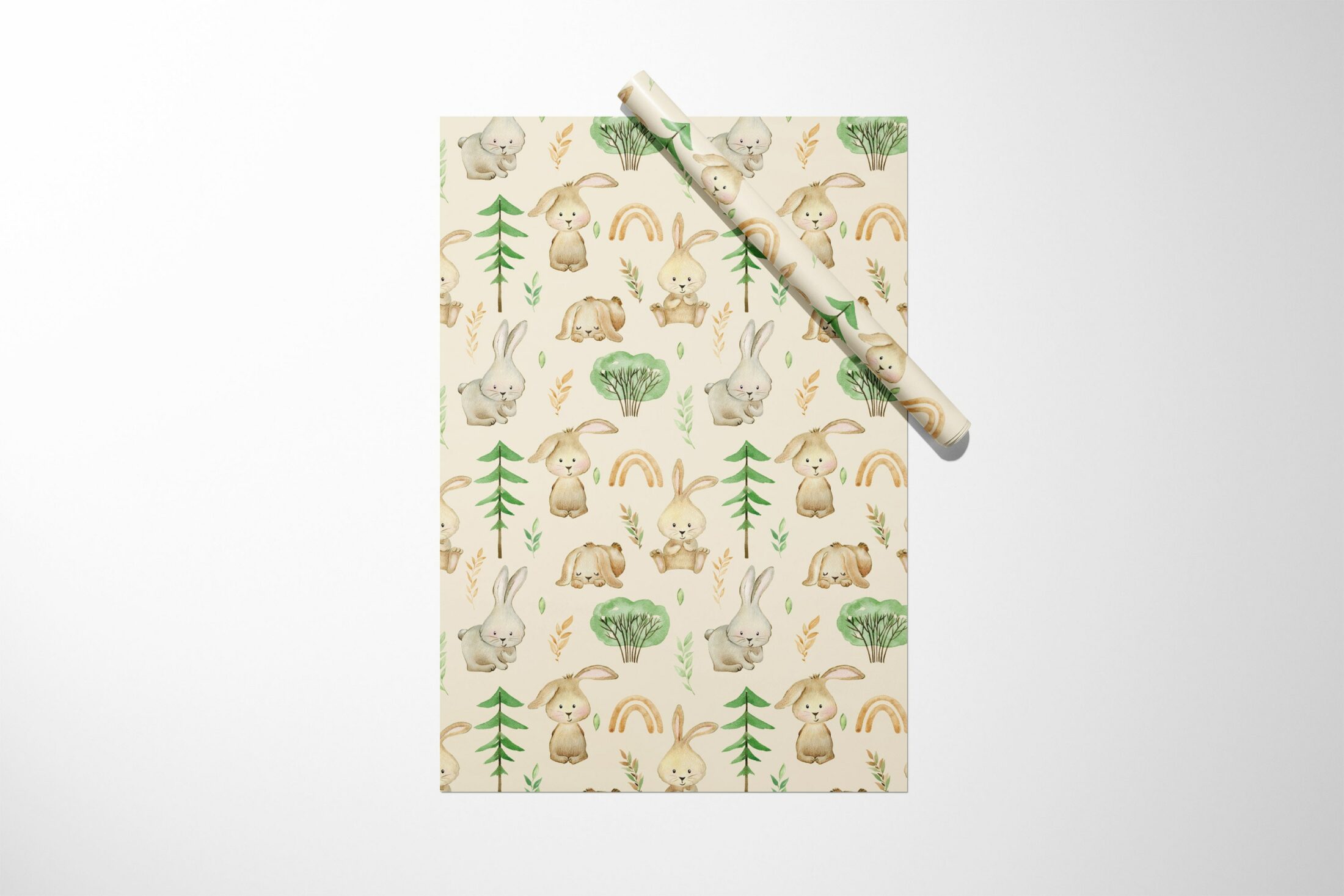 Bunny and Forest Wrapping Paper featuring a tree and animals.